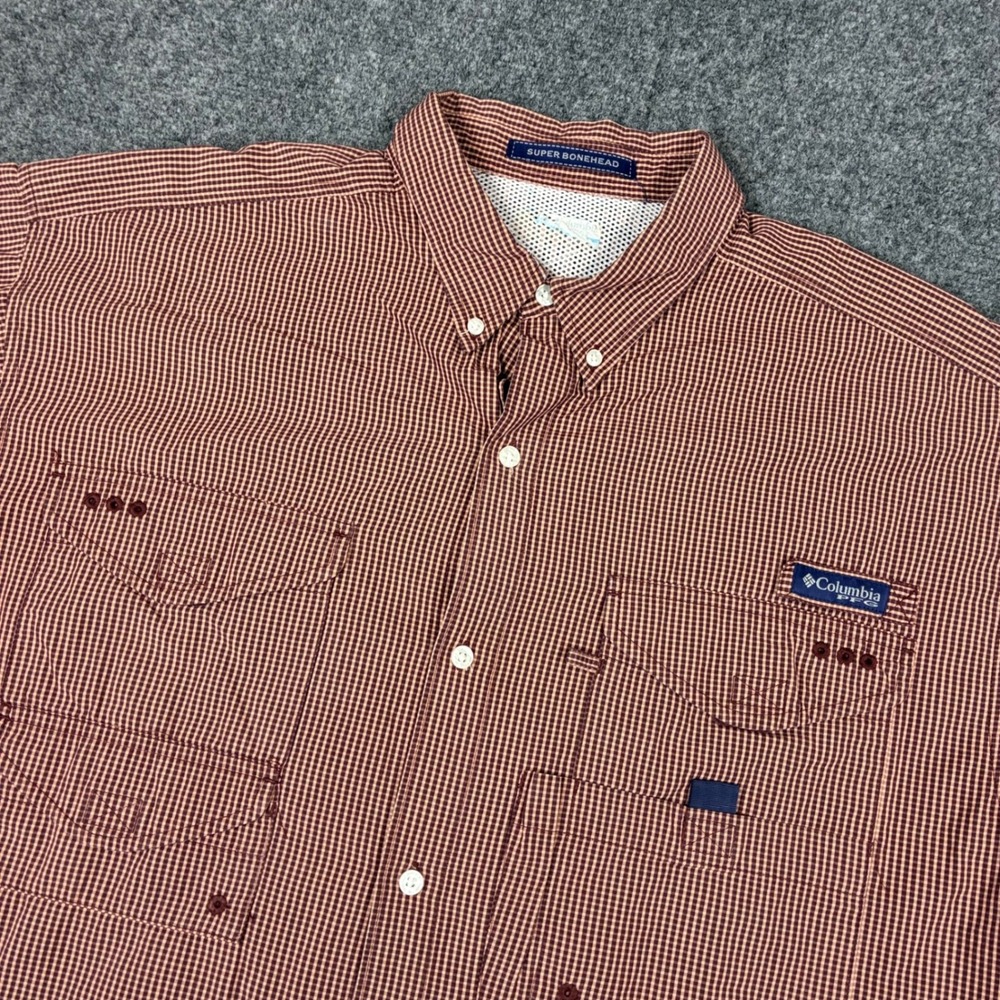 Columbia PFG Super Bonehead Fishing Shirt Mens XL Gingham Short Sleeve Vented
